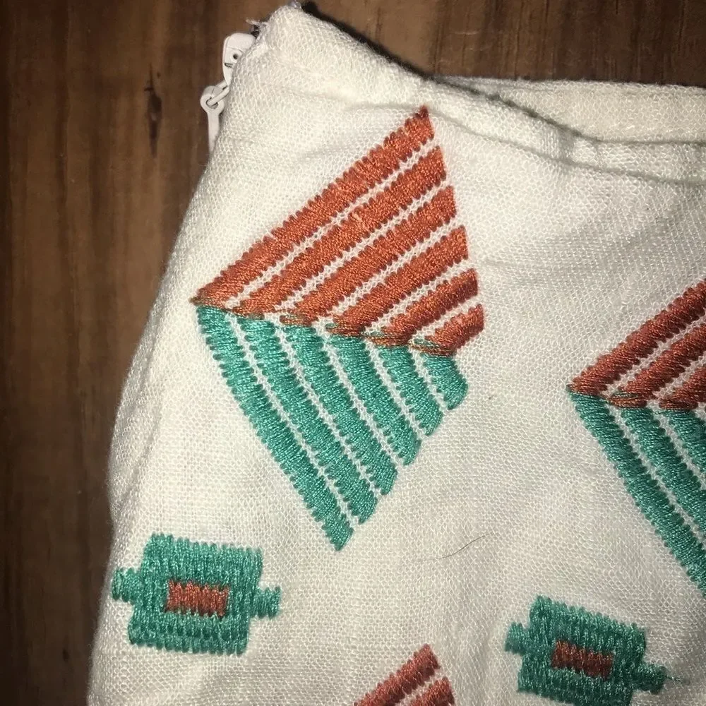 THML White Orange & Turquoise Embroidered Skirt